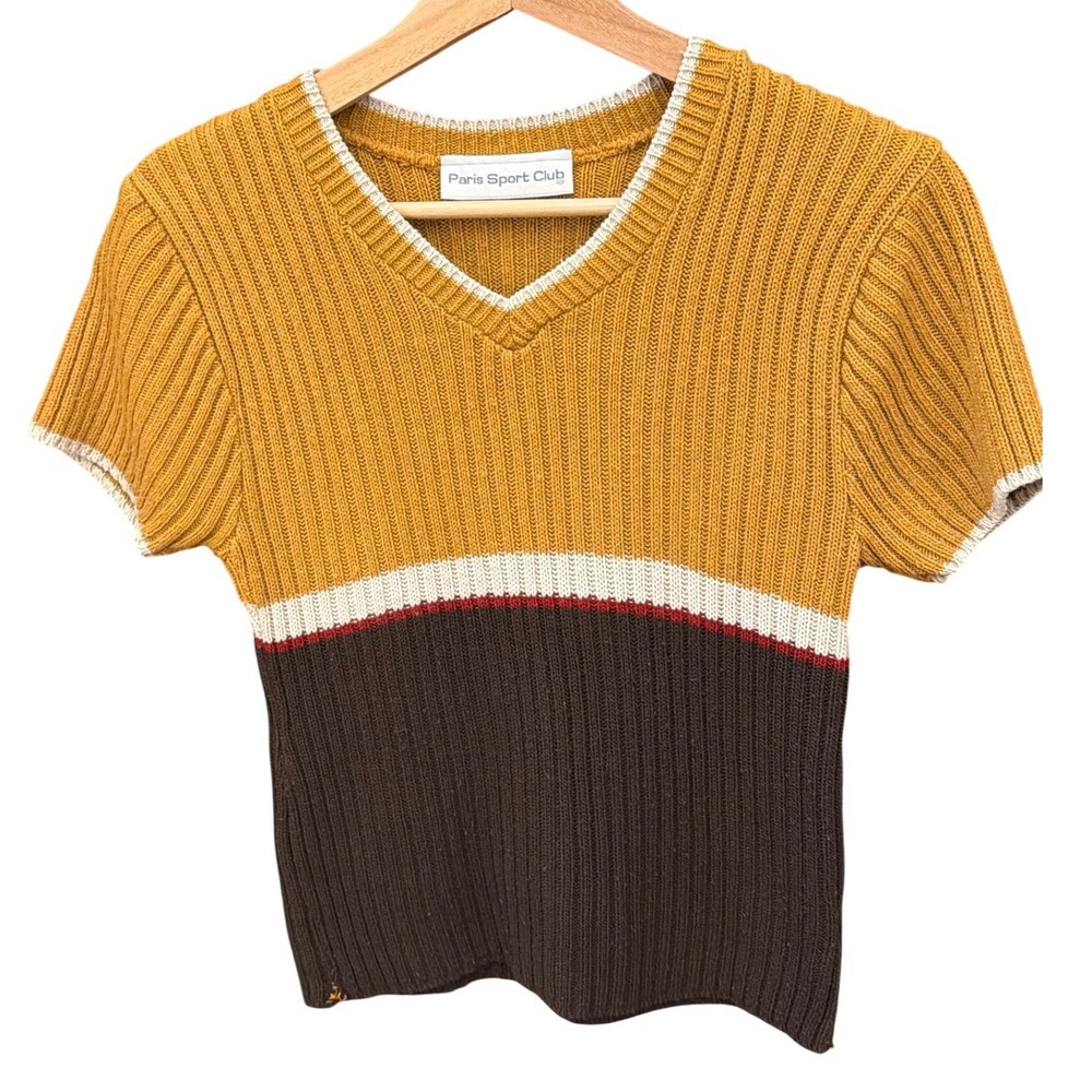 Vintage 70's Paris Sport Club Knit Sweater Retro Indie Colorblock Preppy Casual
